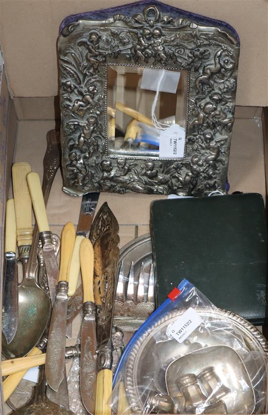 Two pairs of Cartier sterling silver salt and pepper pots, a Tiffany & Co silver pin dish, a pewter frame, sundry plate etc.